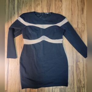 Fashion Nova Black and Tan Mesh Long Sleeve Dressh